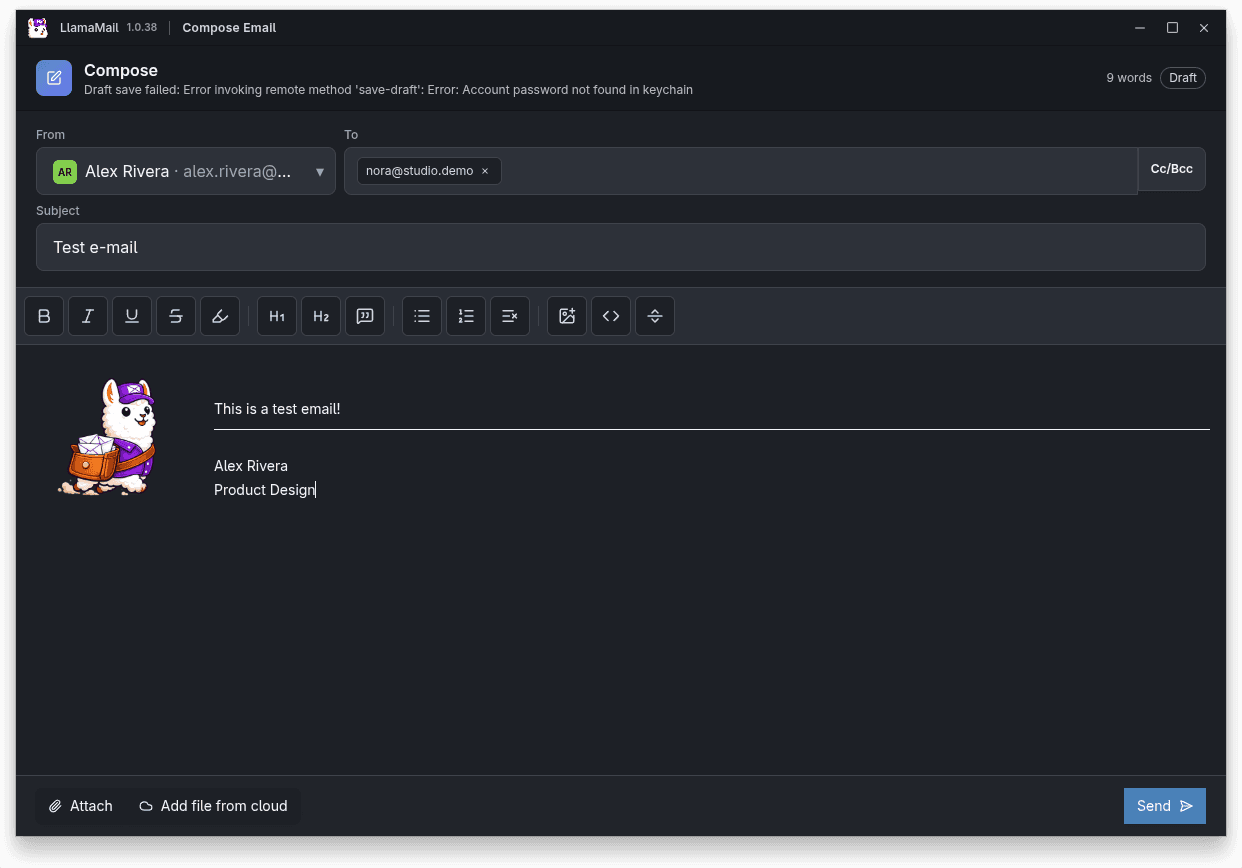 LlamaMail compose email view