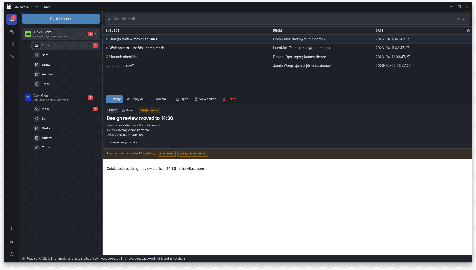 LlamaMail message list and reader view
