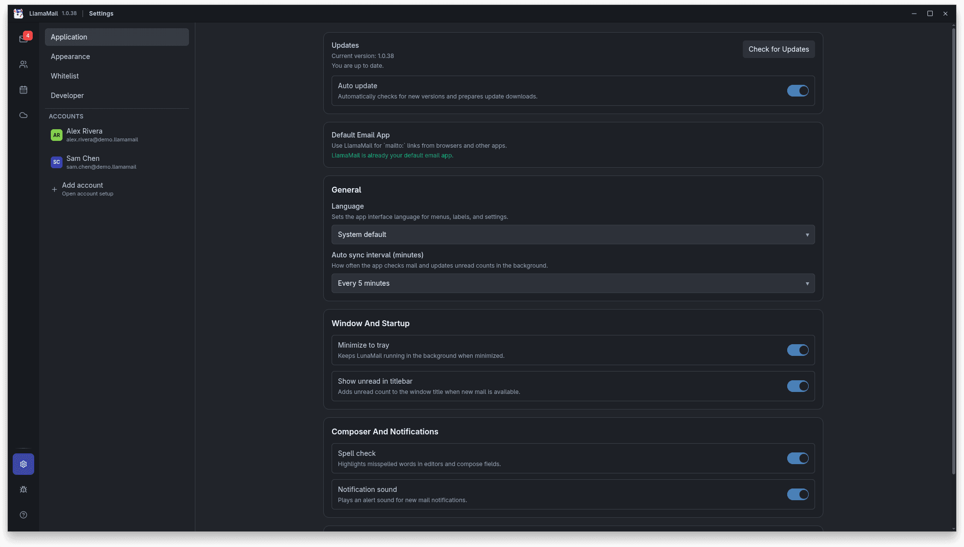 LlamaMail settings and configuration view